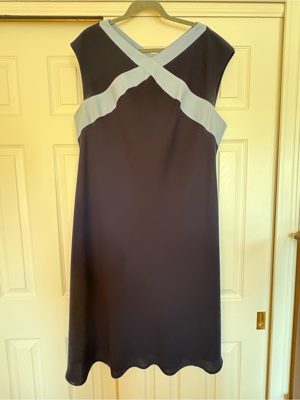 Sleeveless Navy Dress with Light Blue Neck Detail